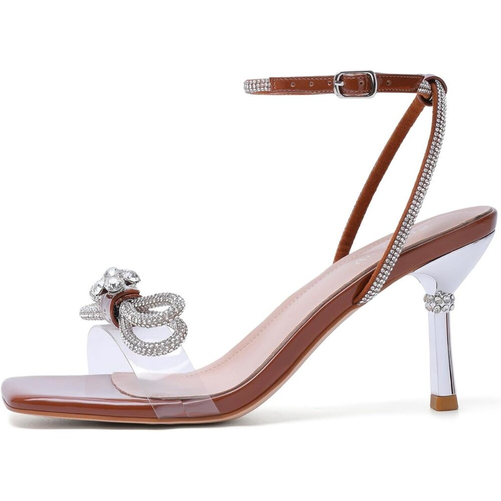 Women's Brown+bl Closed Toe Rhinestone Wedding Low Slingback Clear Kitten Heels - Picture 5 of 9